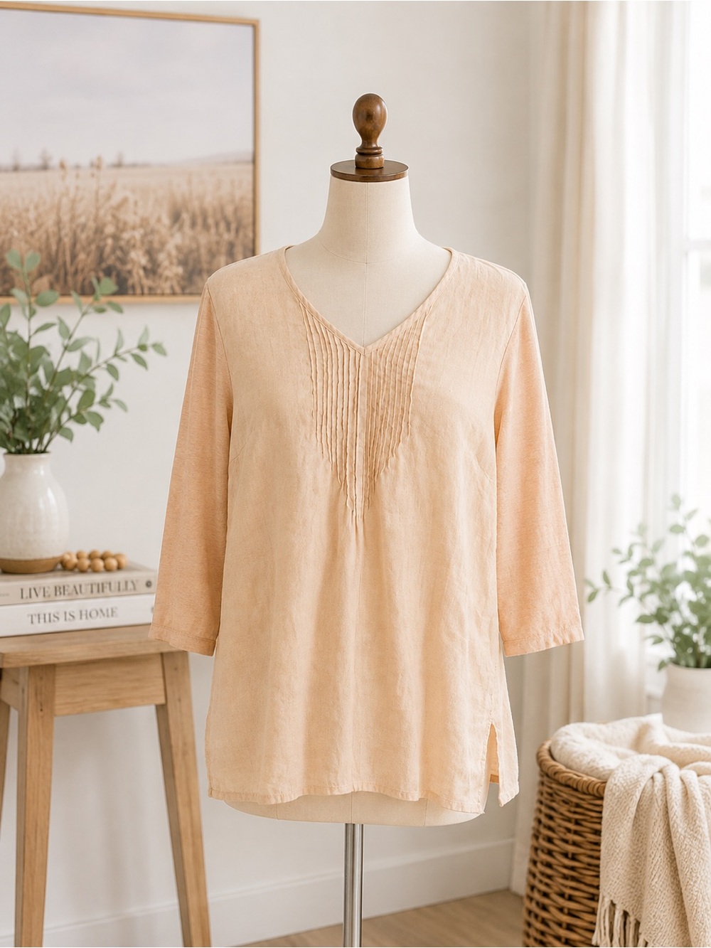 J Jill Love Linen Top M Peach Pintuck V Neck 100% Linen Relaxed Tunic